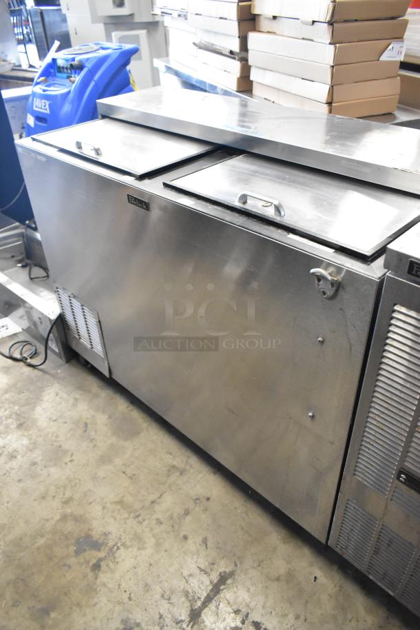 Perlick BC48-1 metal commercial back bar cooler with 2 sliding lids, on casters. Good condition, 115 volts, 1 phase.