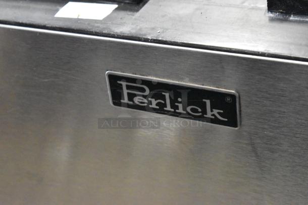 Perlick BC48-1 metal commercial back bar bottle cooler, 2 sliding lids, on commercial casters. Logo displayed on front.