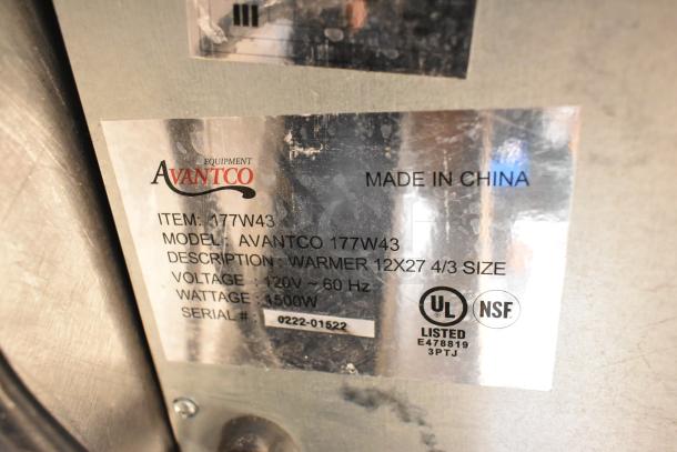 Avantco 177W43 stainless steel commercial food warmer label, 120V, 4500W, UL and NSF listed, Made in China.