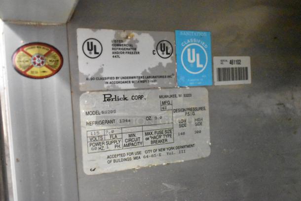 Perlick BS2DS stainless steel undercounter cooler, model BS2DS, shows UL label and sanitation classification. 115V, 1 phase.
