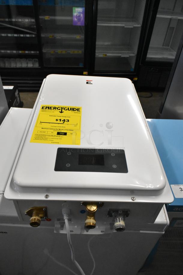 Eccotemp 6GB-ING tankless water heater, 6 GPM, natural gas, indoor use. Includes EnergyGuide label, $143 annual cost.