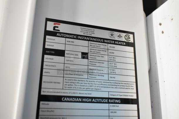 Eccotemp 6GB-ING 6.0 GPM indoor natural gas tankless water heater label; features include 120V, 60Hz, max pressure 150 PSI.