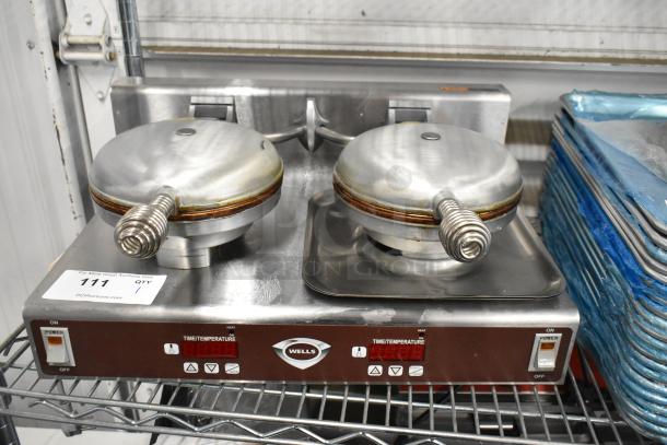 Wells WB2E Double Waffle Maker, stainless steel, 208/240V, 1 phase, commercial use, visible controls, good condition.