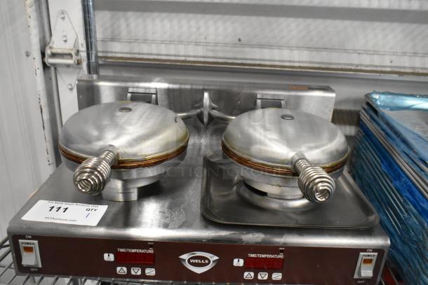 Wells WB2E Metal Double Waffle Maker, commercial countertop, dual waffle plates, 208/240V, 1 phase, visible control panel.