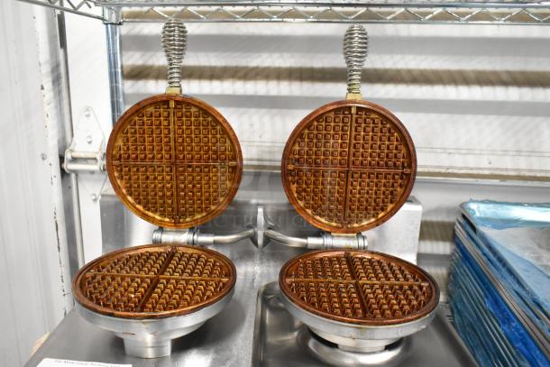 Wells WB2E double waffle maker, metal, commercial countertop model, 208/240V, open waffle plates, used condition.