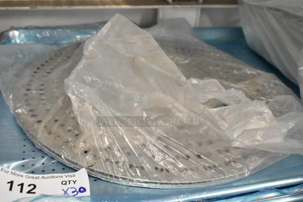 Assorted new metal baking pans and stainless steel drop-in bins wrapped in plastic. Quantity tag indicates 30 items.