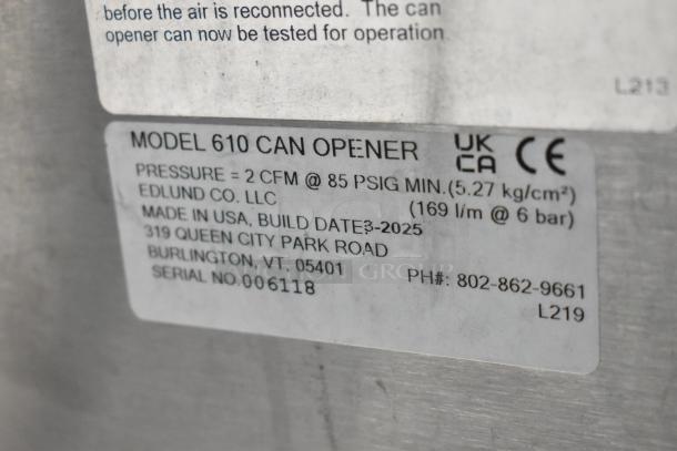 Edlund 610 Air Powered Can Opener label showing model, pressure specs, and serial number. Scratch and dent condition.