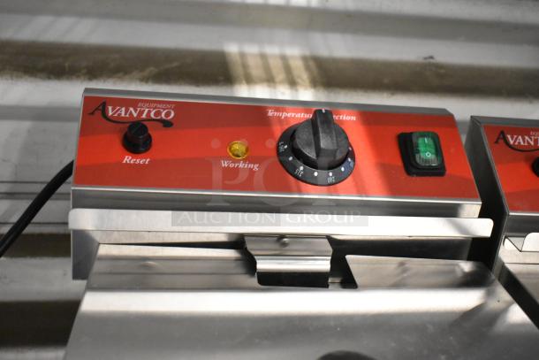 BRAND NEW Avantco 177F202 dual tank fryer with control panel, temperature dial, and power switch. Stainless steel, 30 lb capacity.