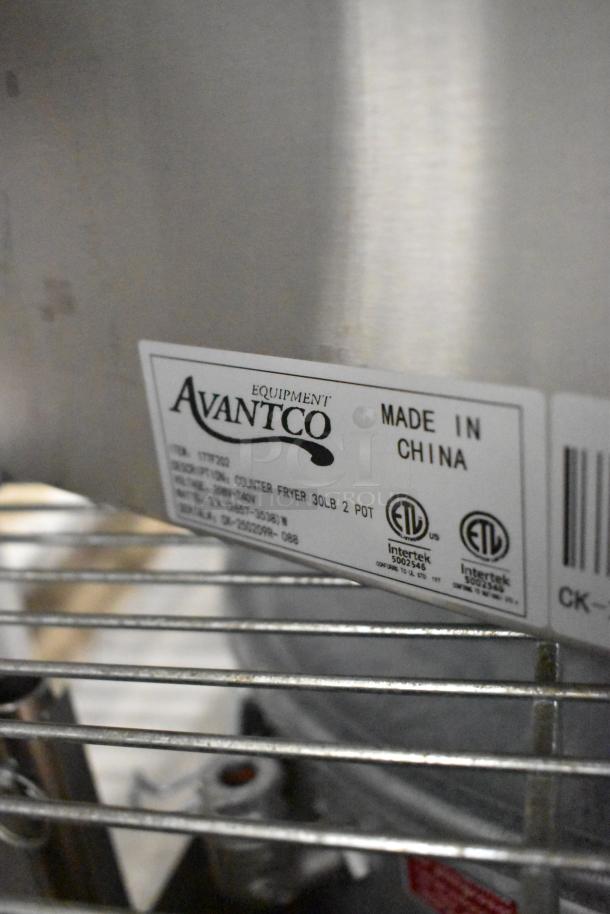 Brand new Avantco 177F202 30 lb. dual tank fryer, scratch and dent, stainless steel, 208-240V, includes baskets and lids.