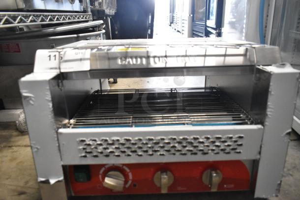 BRAND NEW Avantco 184T3600D stainless steel conveyor toaster, 14.5" wide, 3" opening, slight dents; 240V, 1 phase.