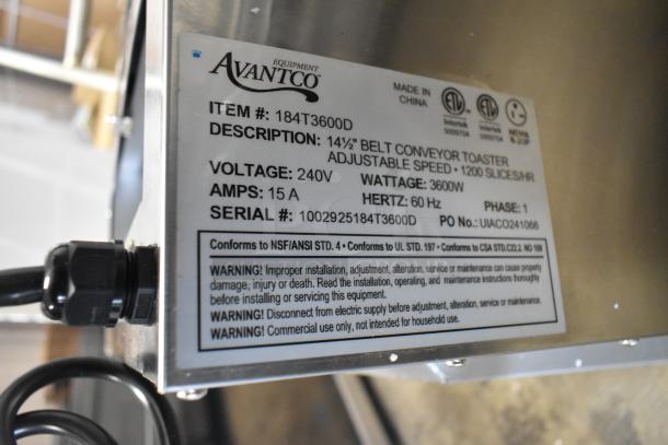 BRAND NEW Avantco 184T3600D Conveyor Toaster, 14.5" wide, 3" opening, stainless steel, 240V, label with specs visible.