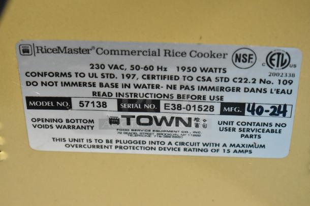 Label on RiceMaster Town 57138 rice cooker, showing 230 volts, 1950 watts, model and serial numbers, warranty void notice.