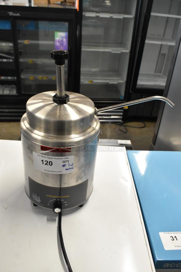 Carnival King 382RWS35 stainless steel 3.5 Qt. warmer with pump, brand new, 120 volts, 1 phase. "Caution Hot" label visible.