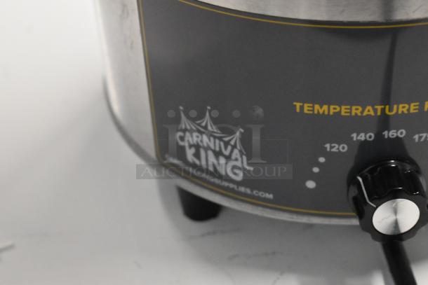 Carnival King 382RWS35 Stainless Steel 3.5 Qt. Warmer with Pump, 120V. New, scratch and dent condition. Temperature dial visible.