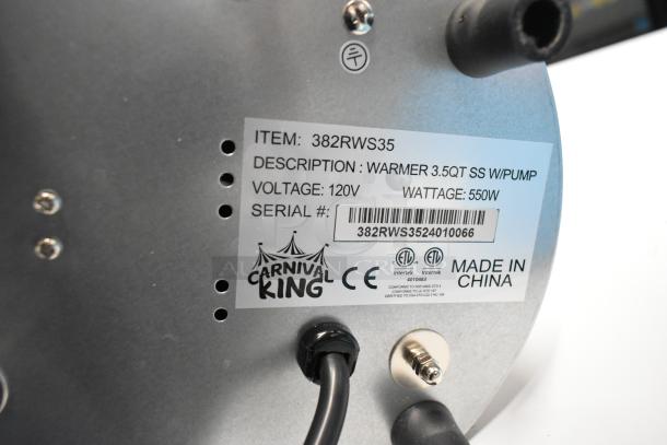 Brand new Carnival King 3.5 Qt. Warmer with pump, stainless steel, 120V, 1 phase, item 382RWS35, scratch and dent.