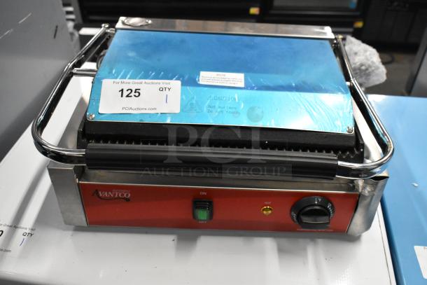 2023 Avantco 177PG200 Commercial Panini Grill, brand new, grooved plates, 13 3/8" x 8 3/4" surface, 120V, 1 phase.