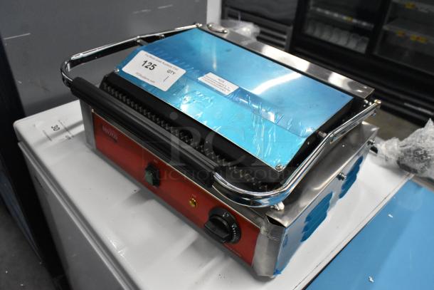 Brand new 2023 Avantco 177PG200 Panini Grill, grooved plates, 13 3/8"x8 3/4" surface, 120V, shown with blue protective wrap.