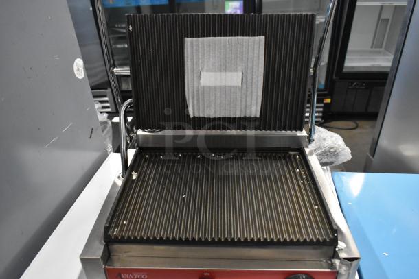 Brand new 2023 Avantco 177PG200 commercial panini grill, grooved plates, 13 3/8" x 8 3/4", 120V, 1 phase, slight dents.