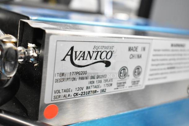 Brand new Avantco 177PG200 Panini Grill, grooved plates, 13 3/8" x 8 3/4" surface, 120V, 1 phase, serial CK-231078R-162.