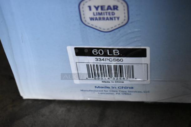 AvaTek PCS60 60 lb. scale label with barcode, model 334PCS60. Box indicates made in China and 1-year warranty.