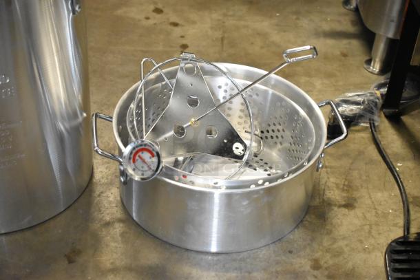 BRAND NEW SCRATCH AND DENT Backyard Pro metal fryer pot with handles, thermometer, and perforated basket.