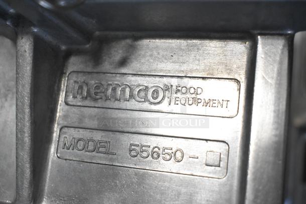 Alt text: Nemco 55650 Easy Lettuce Kutter label, showcasing the model number and brand markings on the metal surface.