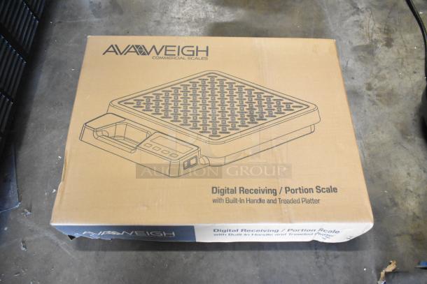 BRAND NEW AvaTek RSB100T 100 lb. Digital Receiving Scale, box with built-in handle, treaded platter, and minor scratches.