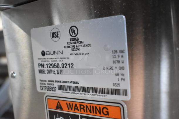 Bunn CWTF15 stainless steel 3 burner coffee machine. Brand new, scratch and dent. 120V, 1 phase, with hot water dispenser.