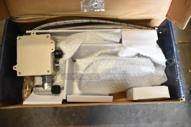 New scratch and dent Waterloo sensor faucets in box, includes 750EFWM448LF wall-mount and 750EFDMHSBZ deck-mount models.