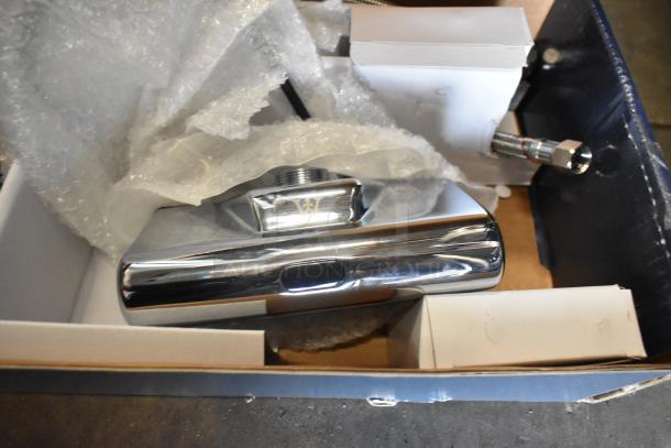 Brand new Waterloo wall-mount hands-free sensor faucet in box, with chrome finish, 4 3/8" gooseneck spout.