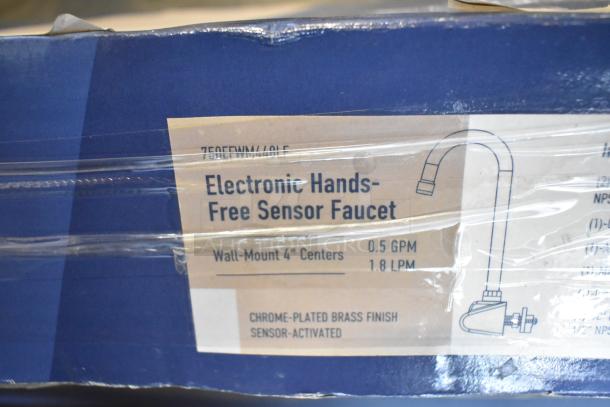 Two new Waterloo sensor faucets in packaging; wall-mount faucet model 750EFWM448LF and deck-mount bronze model with concealed sensor.