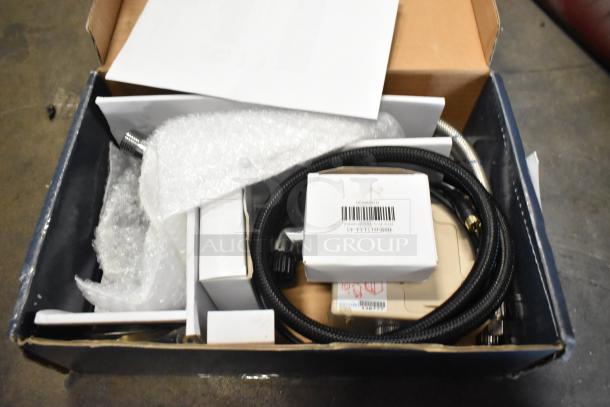 Box containing 750EFWM448LF Waterloo wall-mount and 750EFDMHSBZ Waterloo deck-mount hands-free sensor faucets, new condition.
