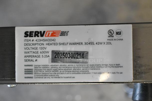 Label on 2025 ServIt 423HSW2042 Heated Shelf Warmer, stainless steel, 120V, 630W, 5.25A, UL/NSF listed, serial 20250300214.