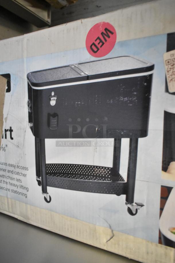 Brand new scratch and dent black 65 Qt. beverage cooler cart by Choice, with wheels. Dimensions: 31 1/8" x 15 3/8" x 32 11/16".