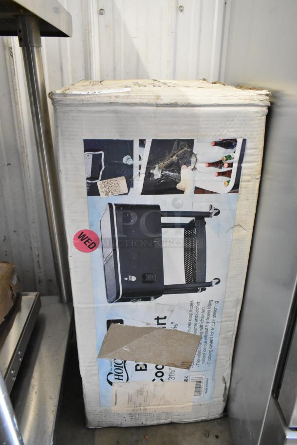 BRAND NEW Choice 65 Qt. Black Beverage Cooler Cart with minor box damage, dimensions 31 1/8" x 15 3/8" x 32 11/16".