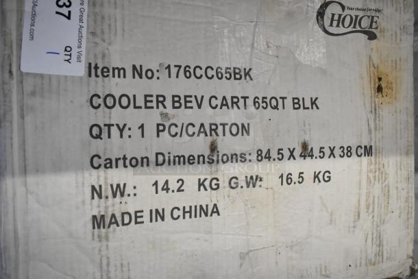 Brand new Choice 65 Qt. black beverage cooler cart, model 176CC65BK, with carton dimensions 84.5x44.5x38 cm.