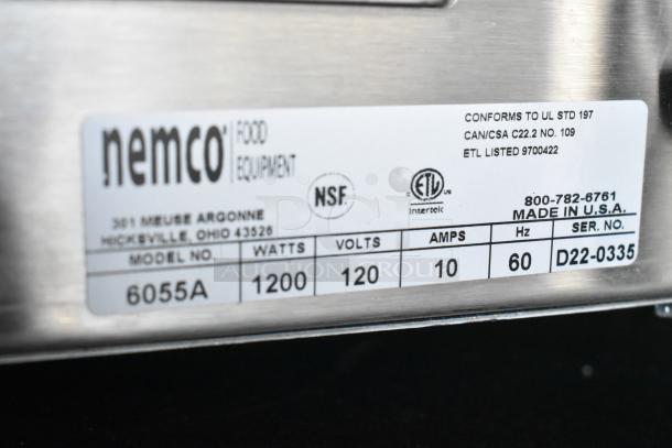 2022 Nemco 6055A stainless steel commercial food warmer, 120 volts, 1 phase. Label shows NSF and ETL certifications.