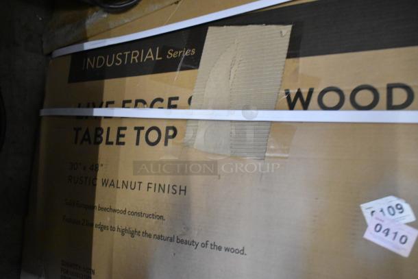 Three brand new boxes, including Industrial Series table top with rustic walnut finish, 30"x48", in original packaging.