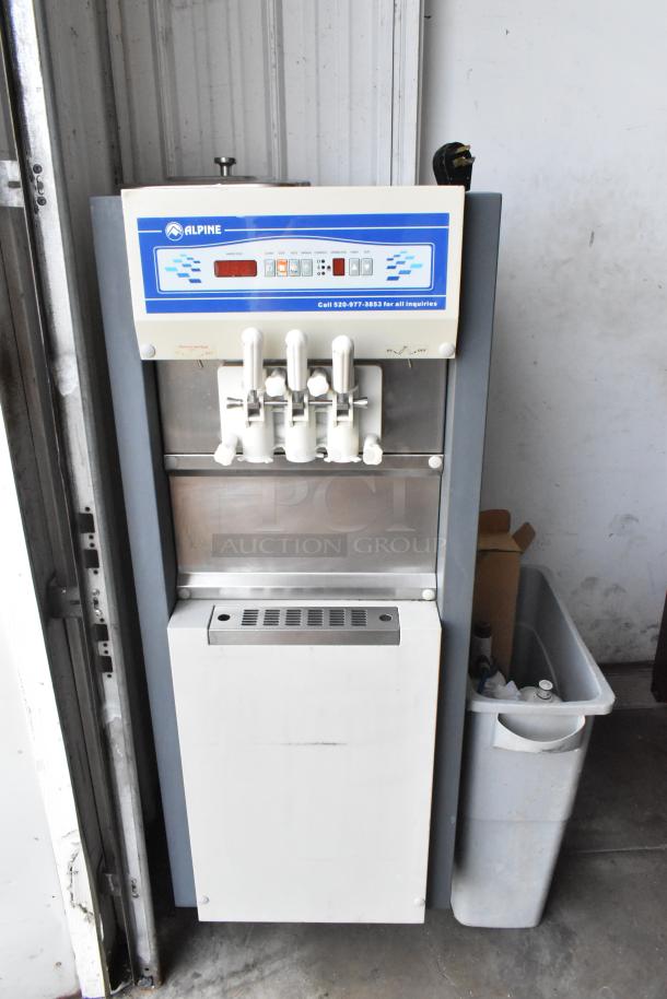 Alpine OP238EC commercial soft serve ice cream machine, 2 flavors with twist, on castors. 115V, 1 phase, metal finish.