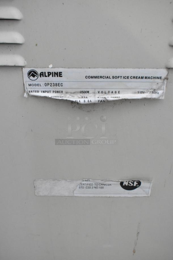 Alpine OP238EC soft serve ice cream machine label, showing model, power, voltage, and certification details.