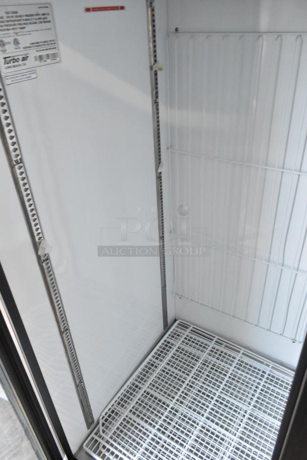 Turbo Air TGF-72SDB cooler interior with poly coated racks, visible model label on inner surface. 115V, 1 Phase.