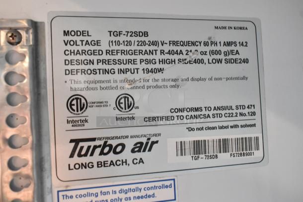 Label of Turbo Air TGF-72SDB commercial cooler, showing model, voltage, refrigerant info, and certifications. Made in Korea.
