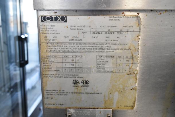 Middleby Marshall CTX DZ33I stainless steel pizza oven label, showing model, serial number, and electrical specifications.