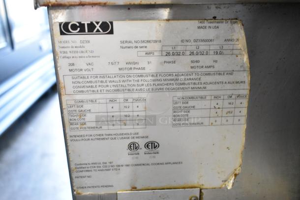 Middleby Marshall CTX DZ33I pizza oven label showing model, serial number, voltage, and phase requirements.