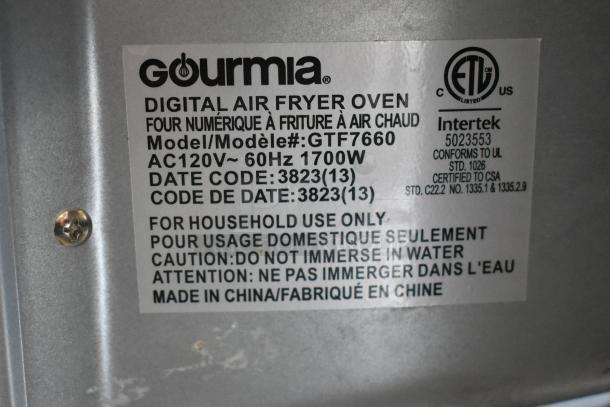 Gourmia GTF7660 digital air fryer oven label with model, voltage, and usage instructions. 120V, household use.