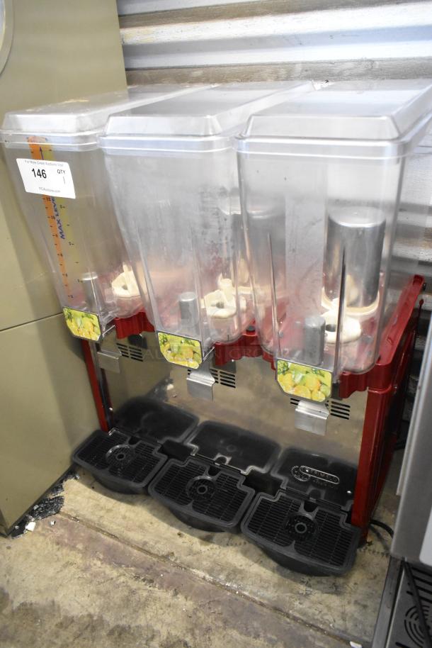 Metal commercial countertop 3 hopper refrigerated beverage machine, 115 volts, 1 phase, clear hoppers, visible label "#146".