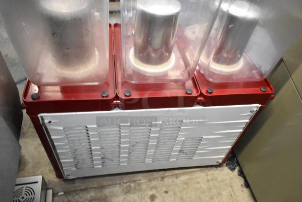 Metal Commercial Countertop 3 Hopper Refrigerated Beverage Machine, red and silver, 115V, 1 phase, fair condition.