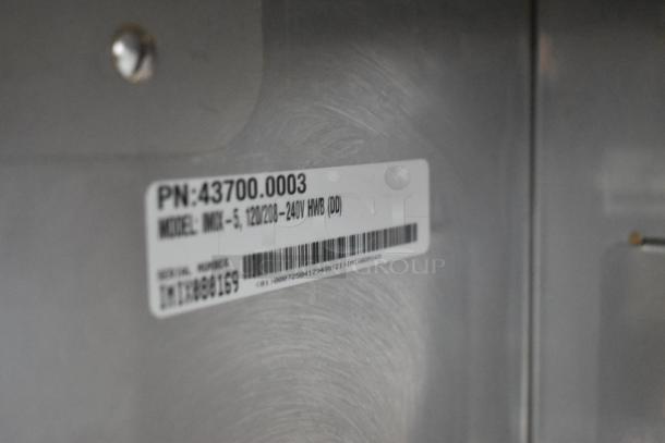 Bunn IMIX-5 Stainless Steel Commercial Cappuccino Machine, model details on label, 120/208-240V, 1 phase.