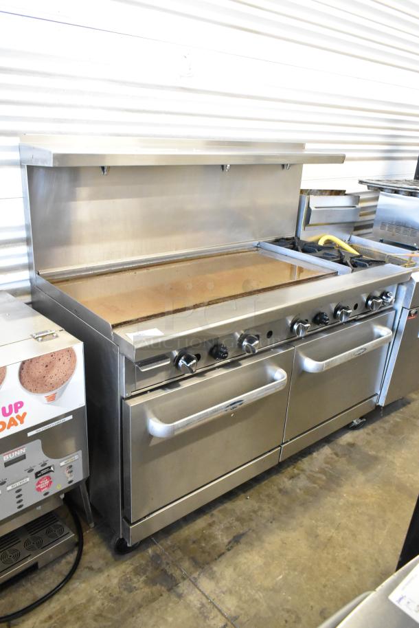 Cook Rite ATO-48G2B commercial stainless steel griddle with 2 burners, 2 ovens, overshelf, and backsplash on casters.