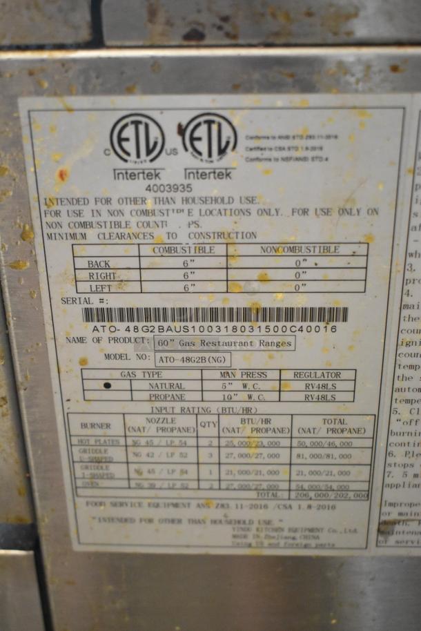 Cook Rite ATO-48G2B gas griddle label, detailing model, gas type, pressure settings, and BTU ratings. For commercial use only.